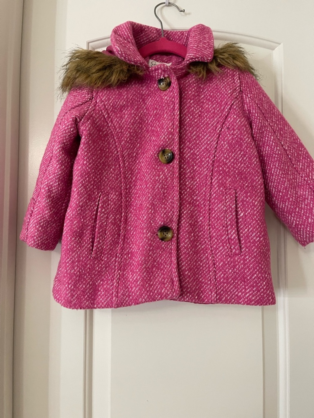 🎀Girls' Pink Wool-Blend Hooded Coat with Faux Fur Trim